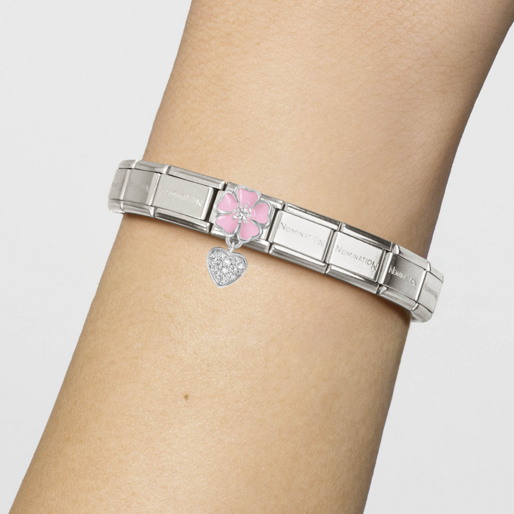 Nomination Composable Silver Pink Enamel Flower With Heart Drop Charm 331814/01