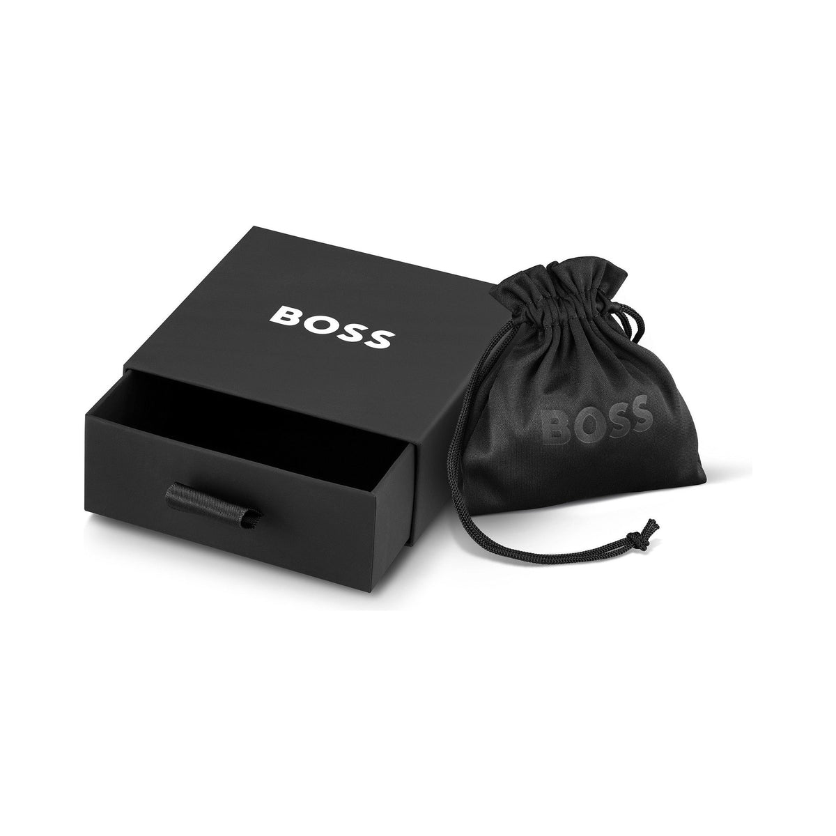 Braided leather bracelet from BOSS with gold plating, shown with branded storage box and pouch.