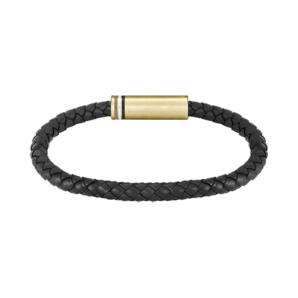 Mens bracelet: Boss Ares black braided leather bracelet with a gold-plated clasp, showcasing premium materials.
