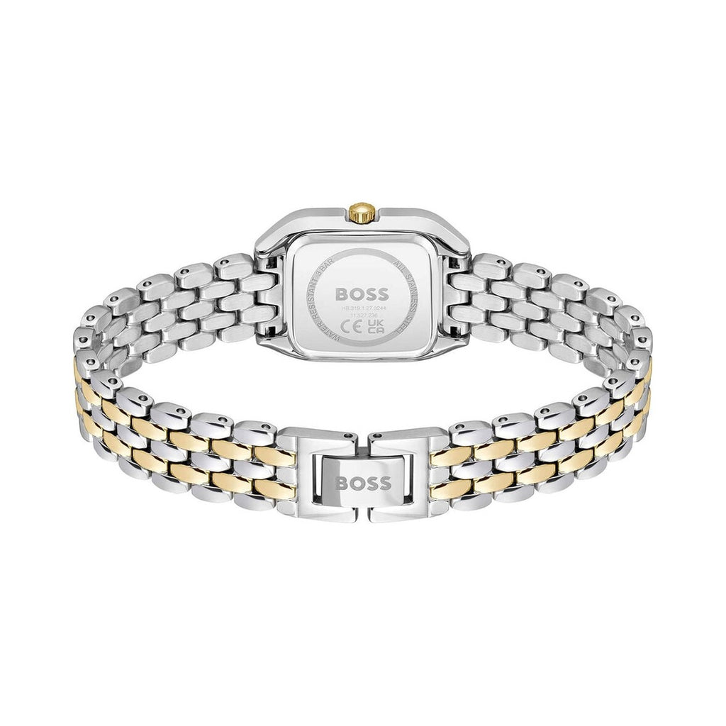 Back of a two-tone gold and silver BOSS watch.
