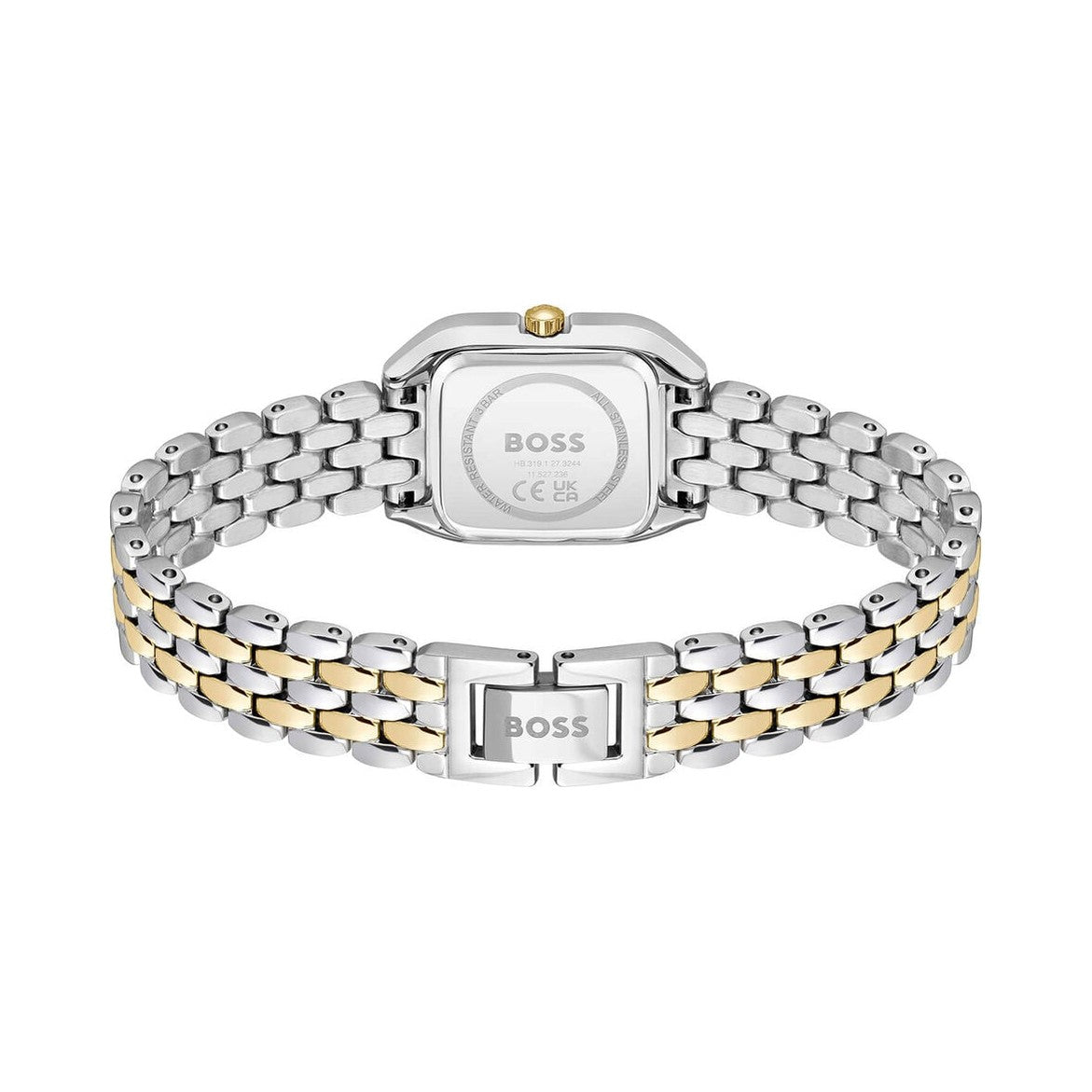 Back of a two-tone gold and silver BOSS watch.