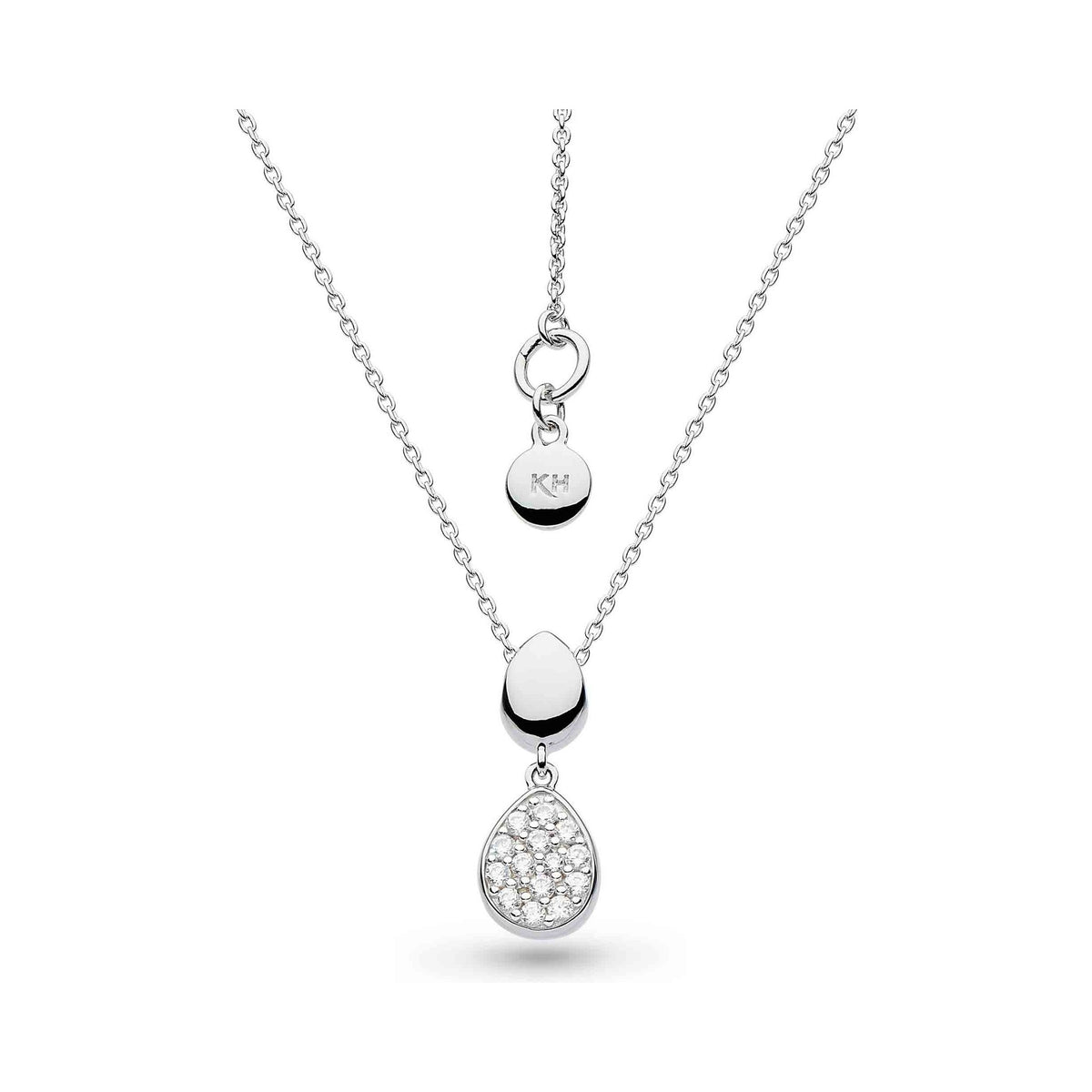 Kit Heath Pebble necklace, double droplet design, silver chain with pave CZ stones detailing.