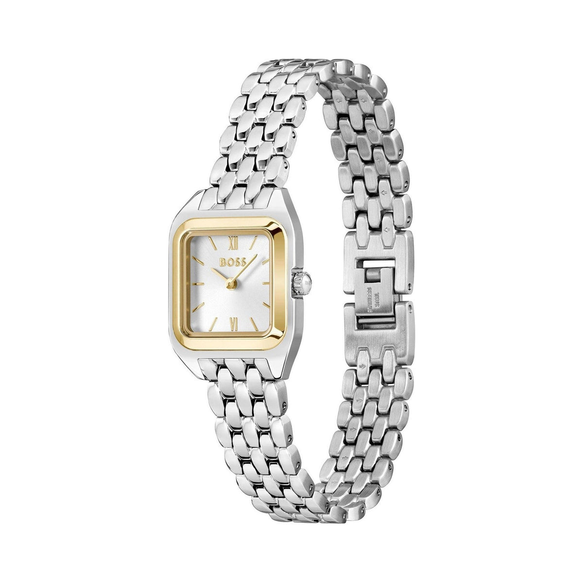 Silver and gold BOSS brand women's watch with a chain band.
