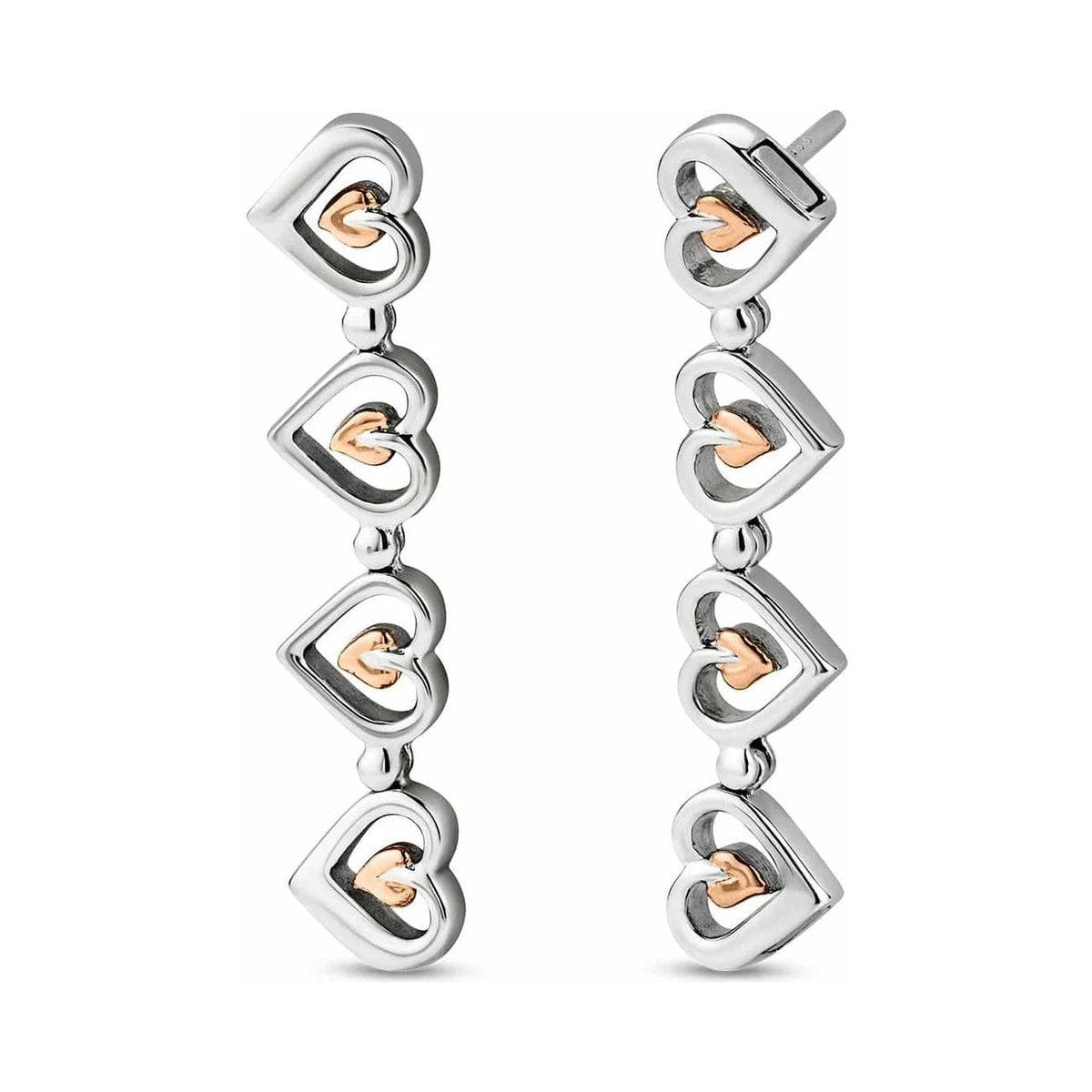 Silver and rose gold heart dangle earrings.

