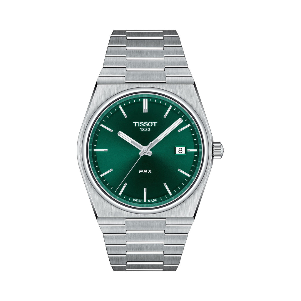 Tissot PRX watch displaying the emerald green dial and stainless steel bracelet design, a stylish men's timepiece.