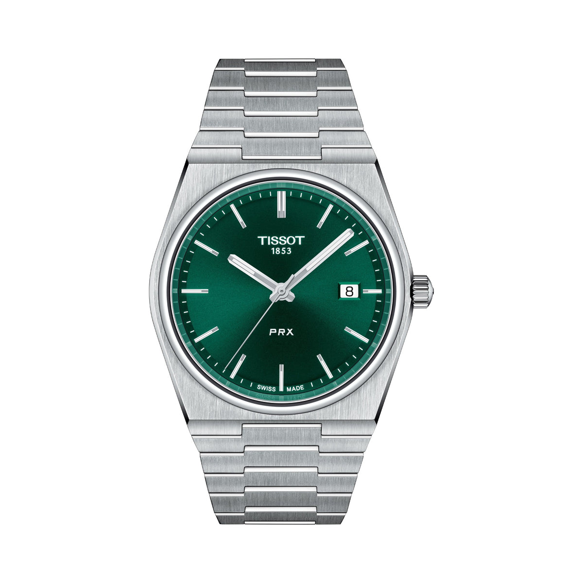 Tissot PRX watch displaying the emerald green dial and stainless steel bracelet design, a stylish men's timepiece.
