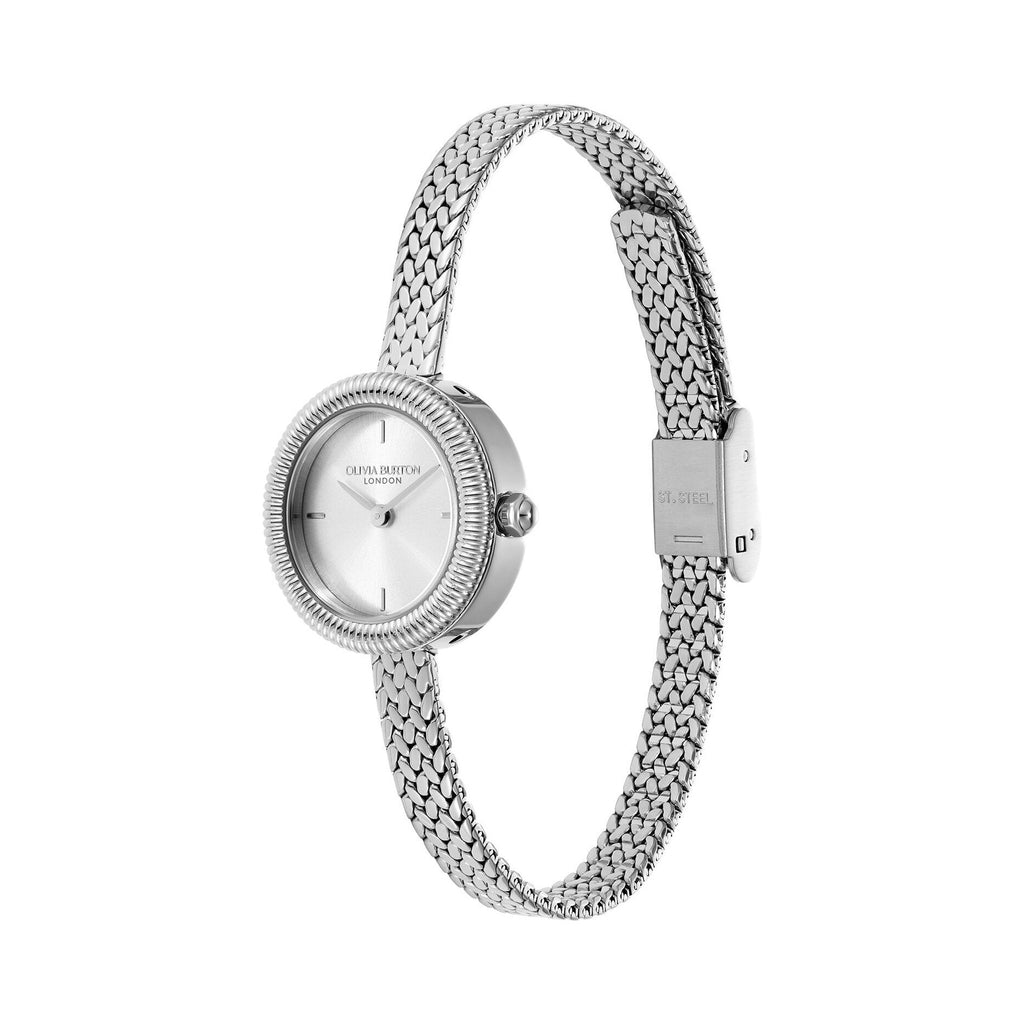 Silver Olivia Burton London watch with braided metal band.