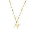 Close-up of ChloBo gold-plated "N" pendant necklace; stylish initial jewelry for personalized fashion statements.