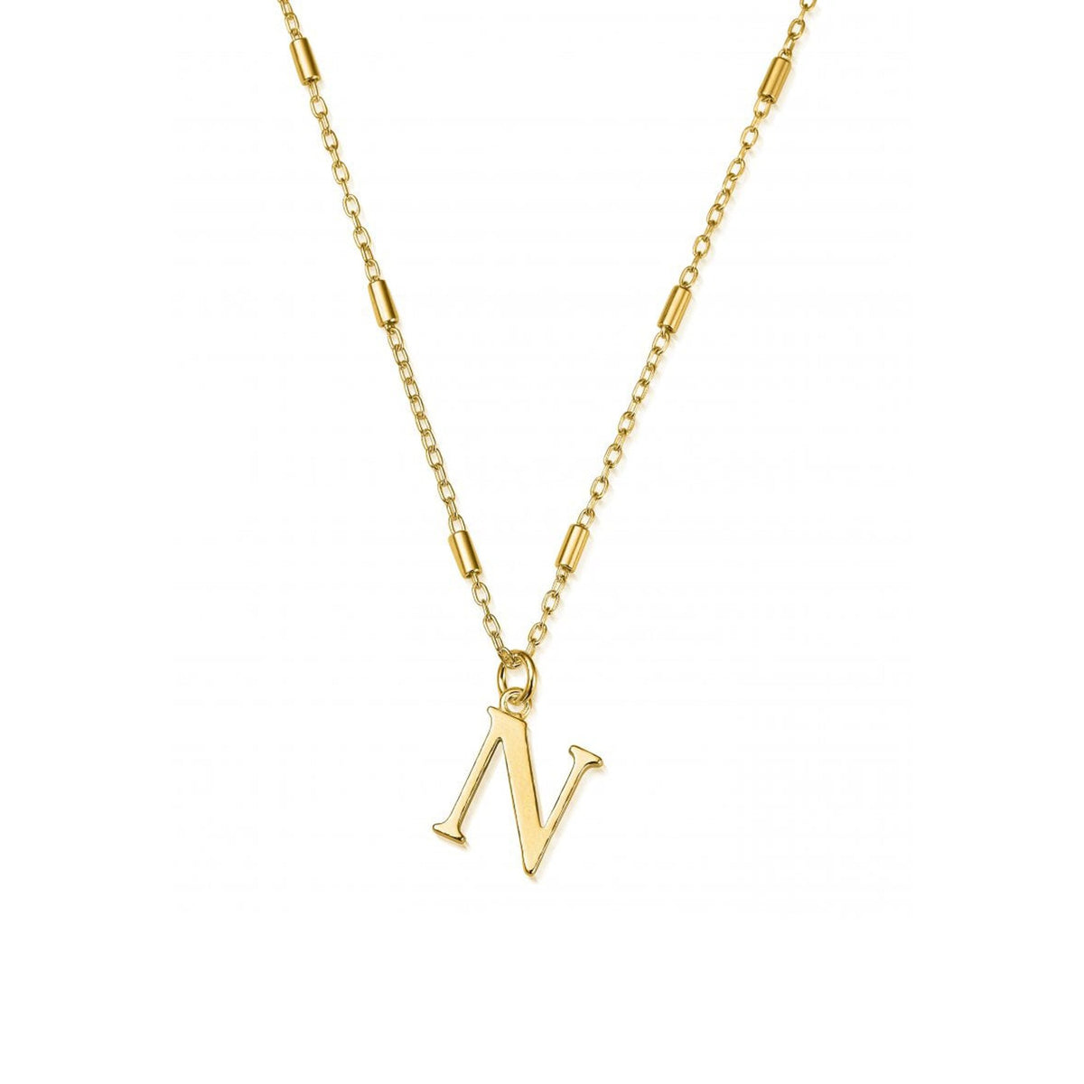 Close-up of ChloBo gold-plated "N" pendant necklace; stylish initial jewelry for personalized fashion statements.
