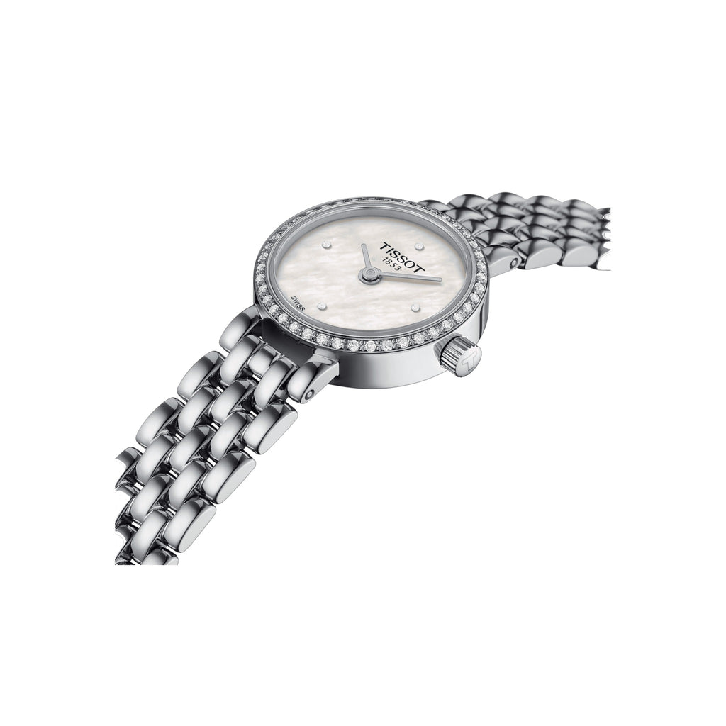 Tissot ladies watch featuring a mother-of-pearl dial, diamond bezel, and stainless steel bracelet.