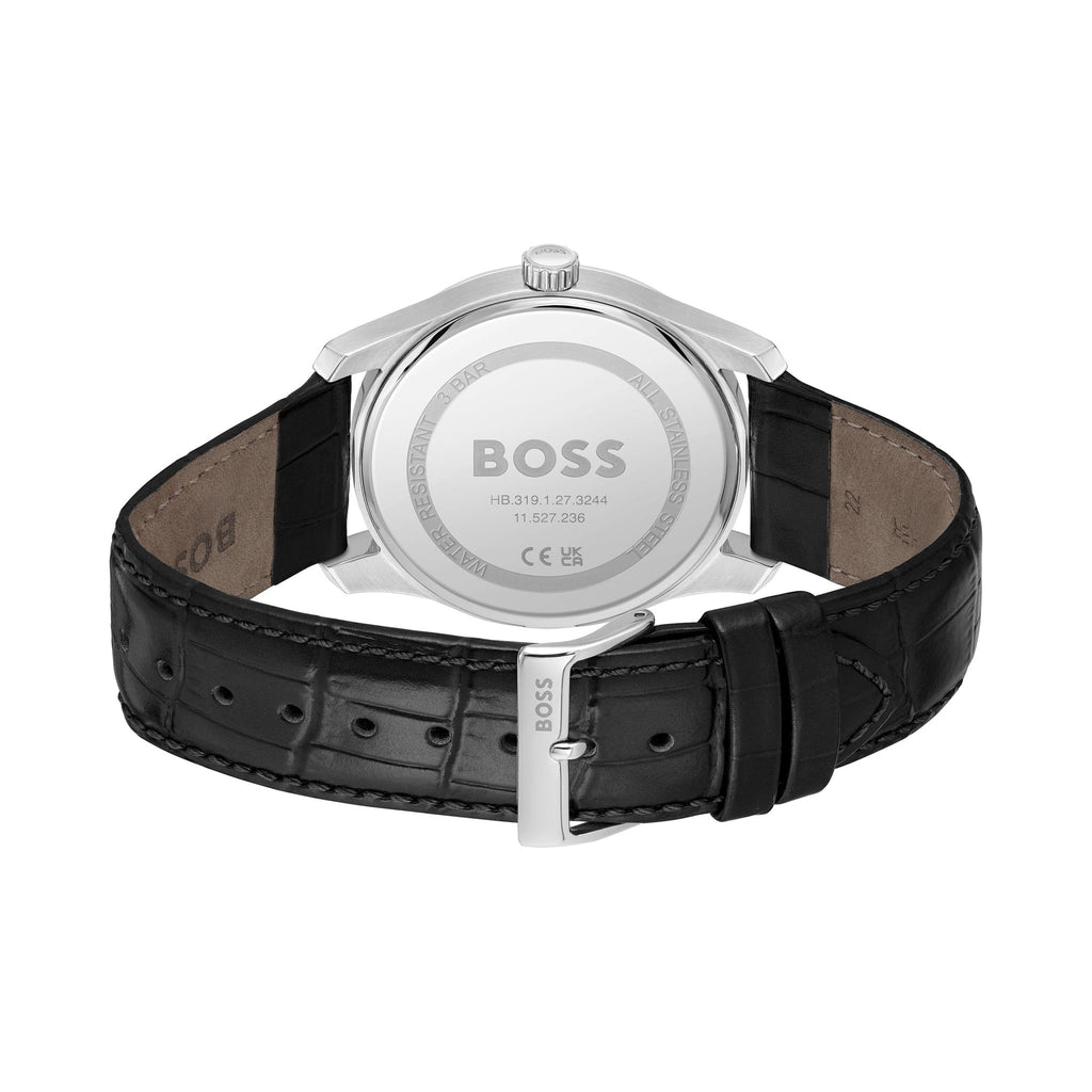 Back view of the BOSS Principle watch highlighting the stainless steel case, black leather strap, and model details.