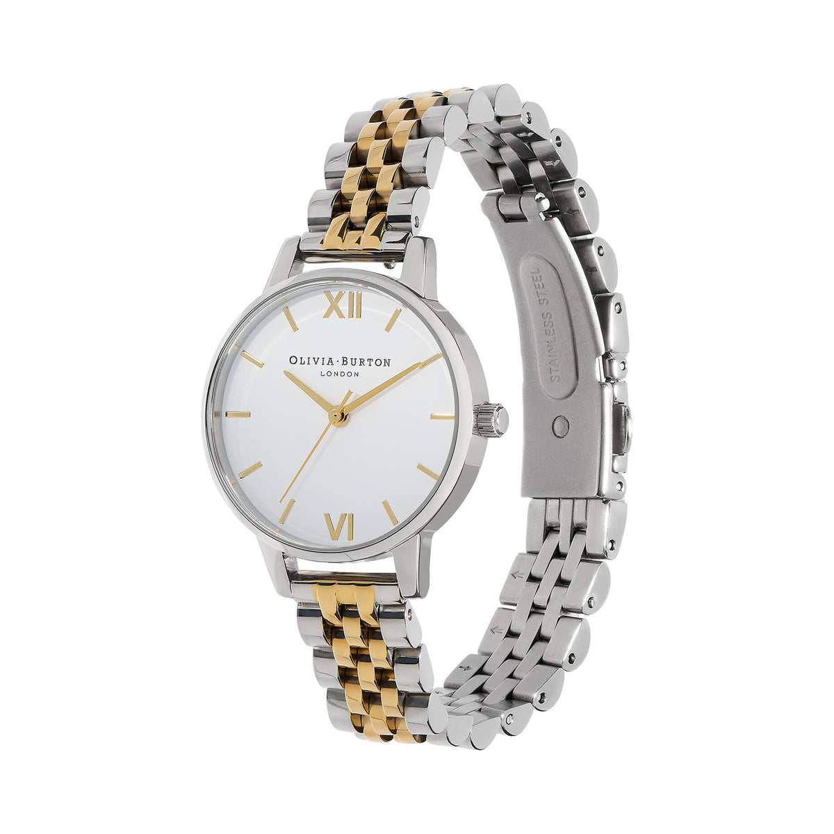 Olivia Burton watch showcasing a classic white dial with gold accents and a two-tone stainless steel bracelet.