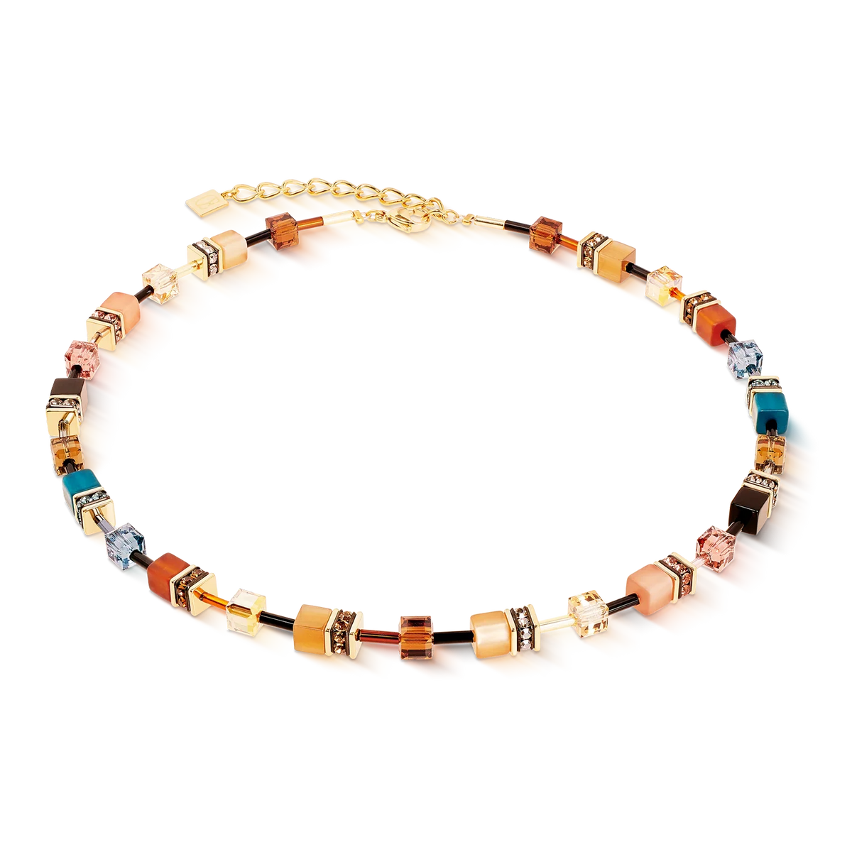 Beaded necklace with colorful, square beads and gold connectors.
