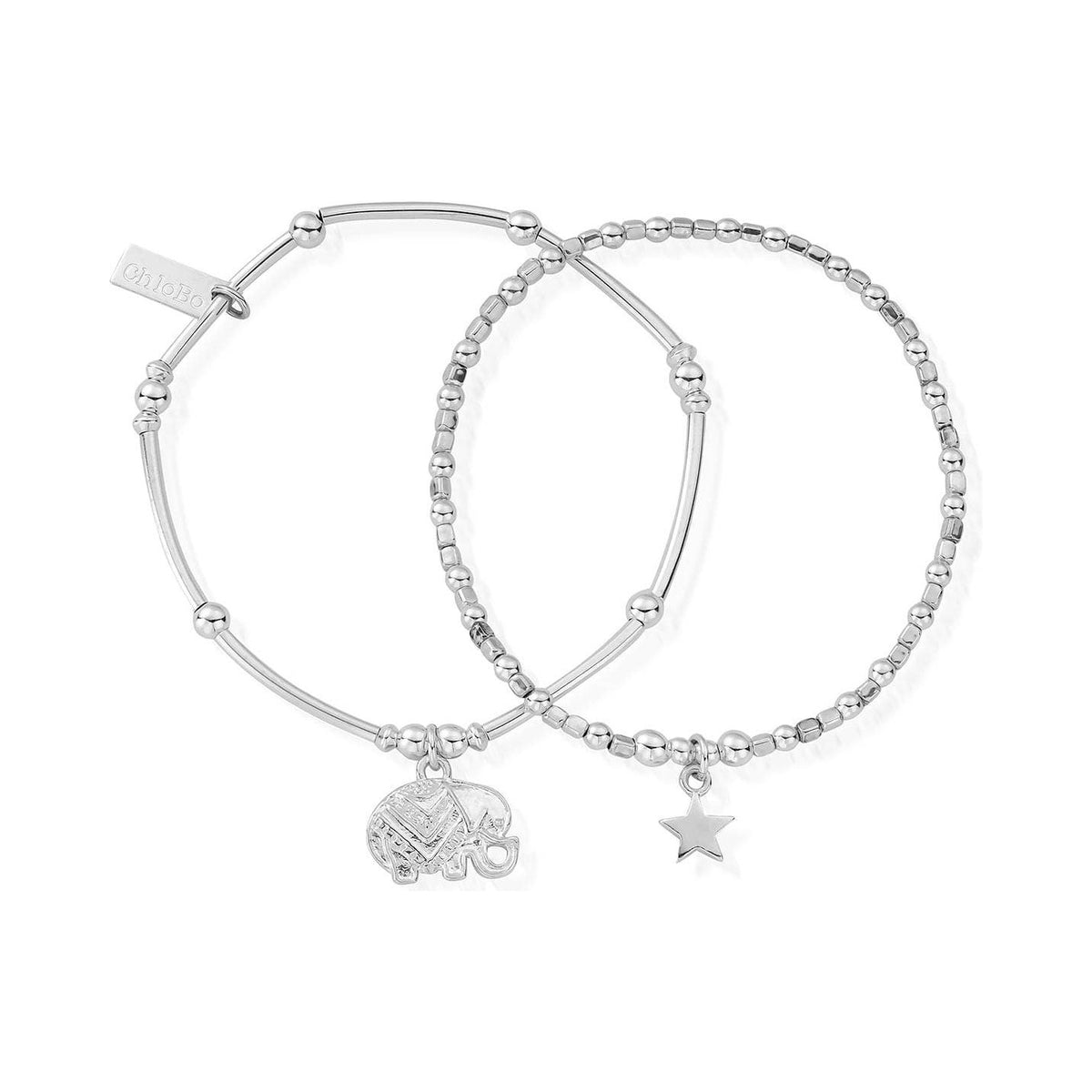 ChloBo bracelet set with silver elephant charm and star charm; showcasing two bracelets, luck and style.