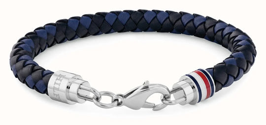 Tommy Hilfiger Mens Tyson Black and Blue Braided Leather Bracelet *