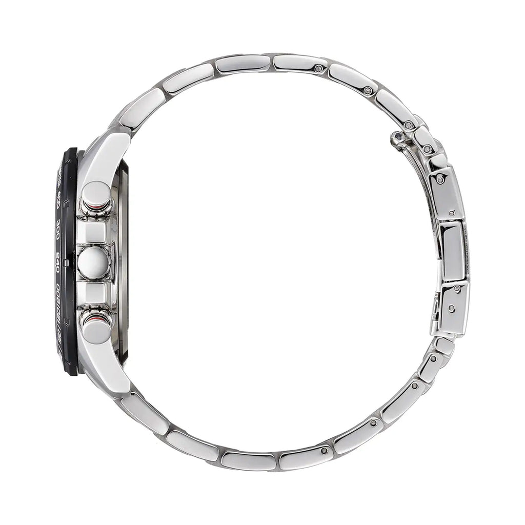 Side view of Citizen Eco Drive chronograph watch showcasing its stainless steel band and black dial details.