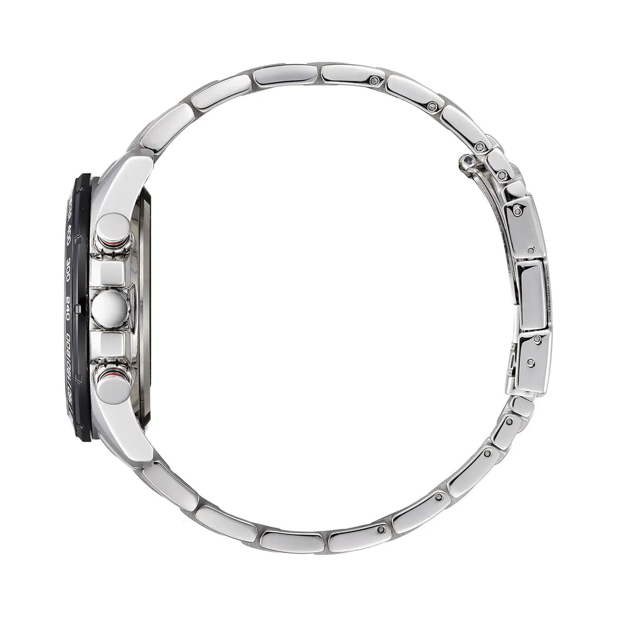 Side view of Citizen Eco Drive chronograph watch showcasing its stainless steel band and black dial details.