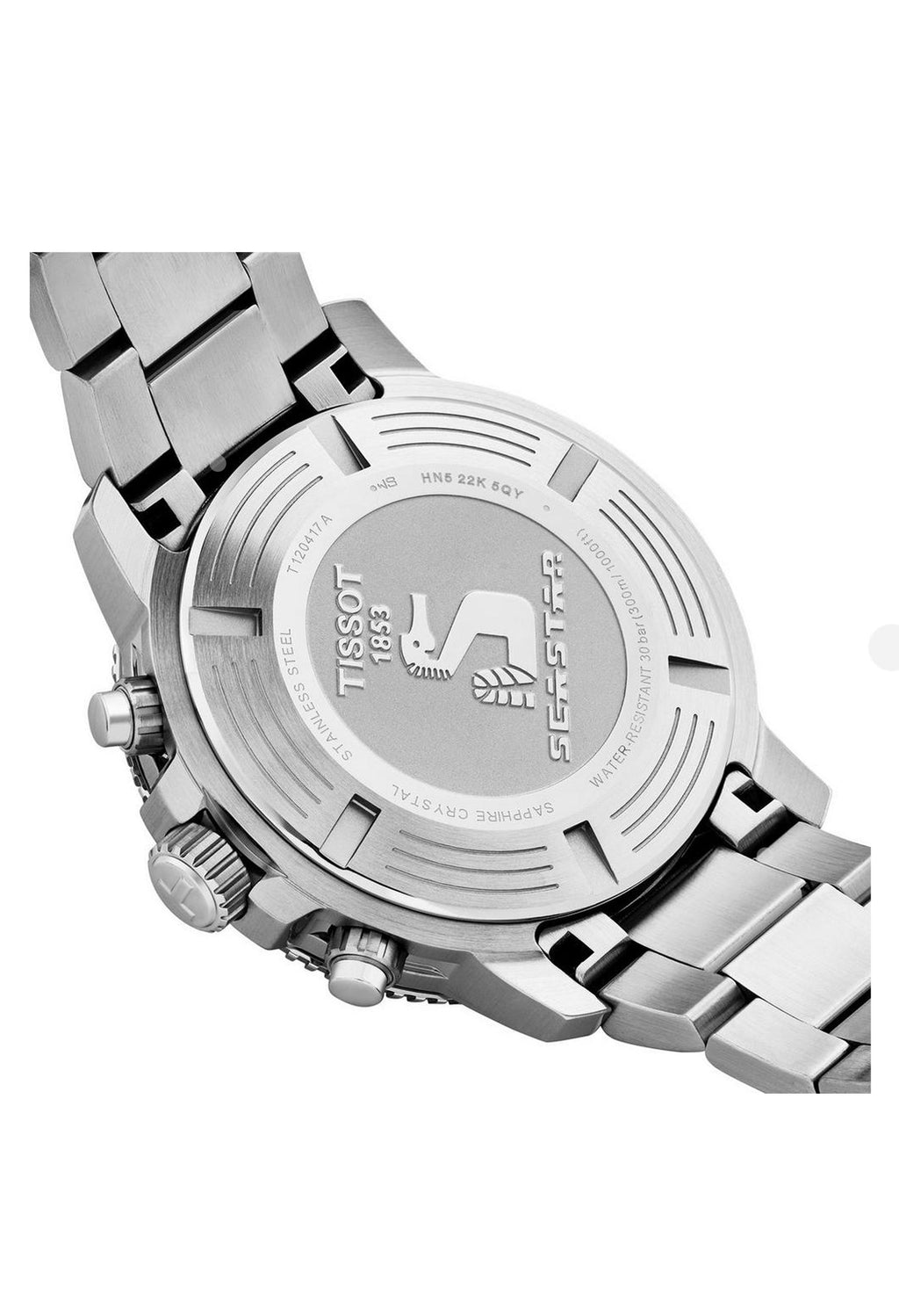 Tissot Seastar 1000 watch caseback detail showcasing the Seastar logo, water resistance rating, and model number T120417A.