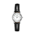 A silver Citizen Eco-Drive watch with a black leather band.