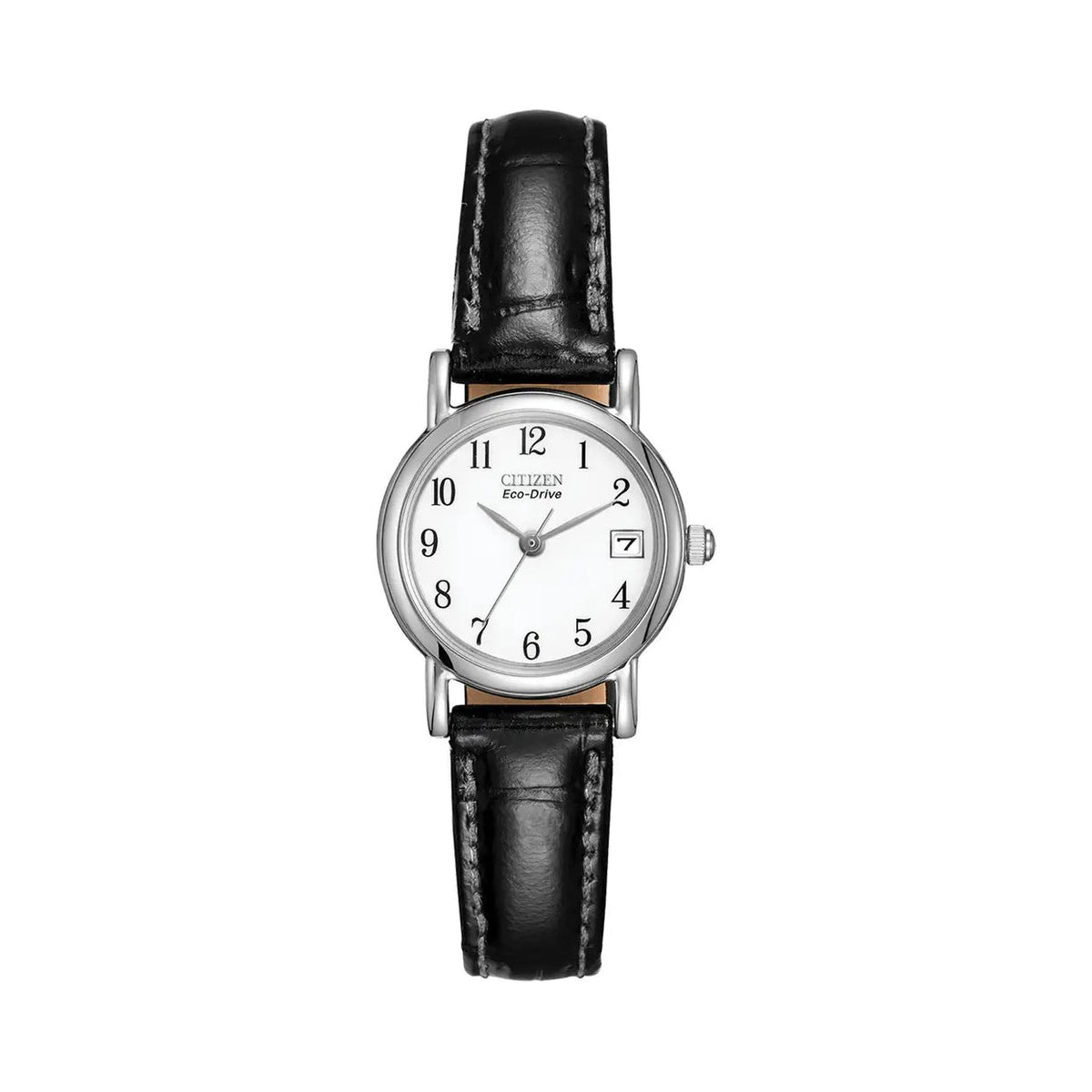 A silver Citizen Eco-Drive watch with a black leather band.