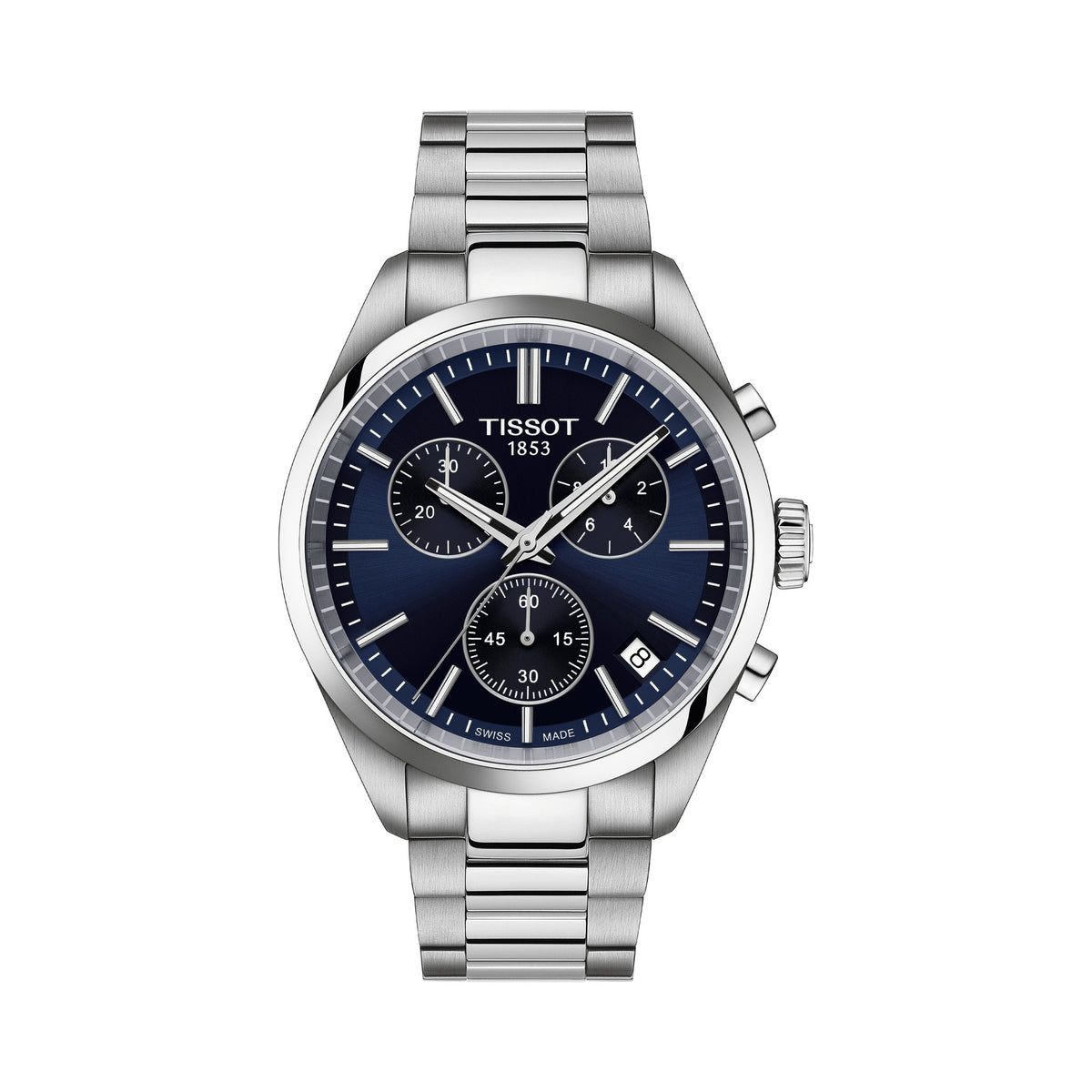 Close-up of the Tissot PR100 chronograph watch, showcasing the blue dial, stainless steel bracelet, and date window. Tissot