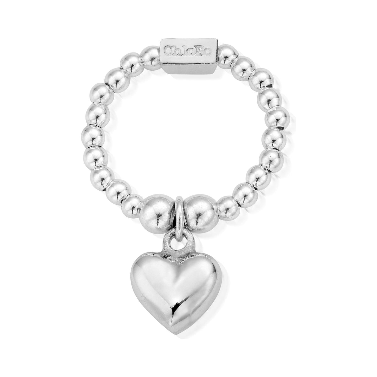 ChloBo heart ring with 2.5mm ball beads. Polished silver jewelry with a mini puffed heart charm detail.