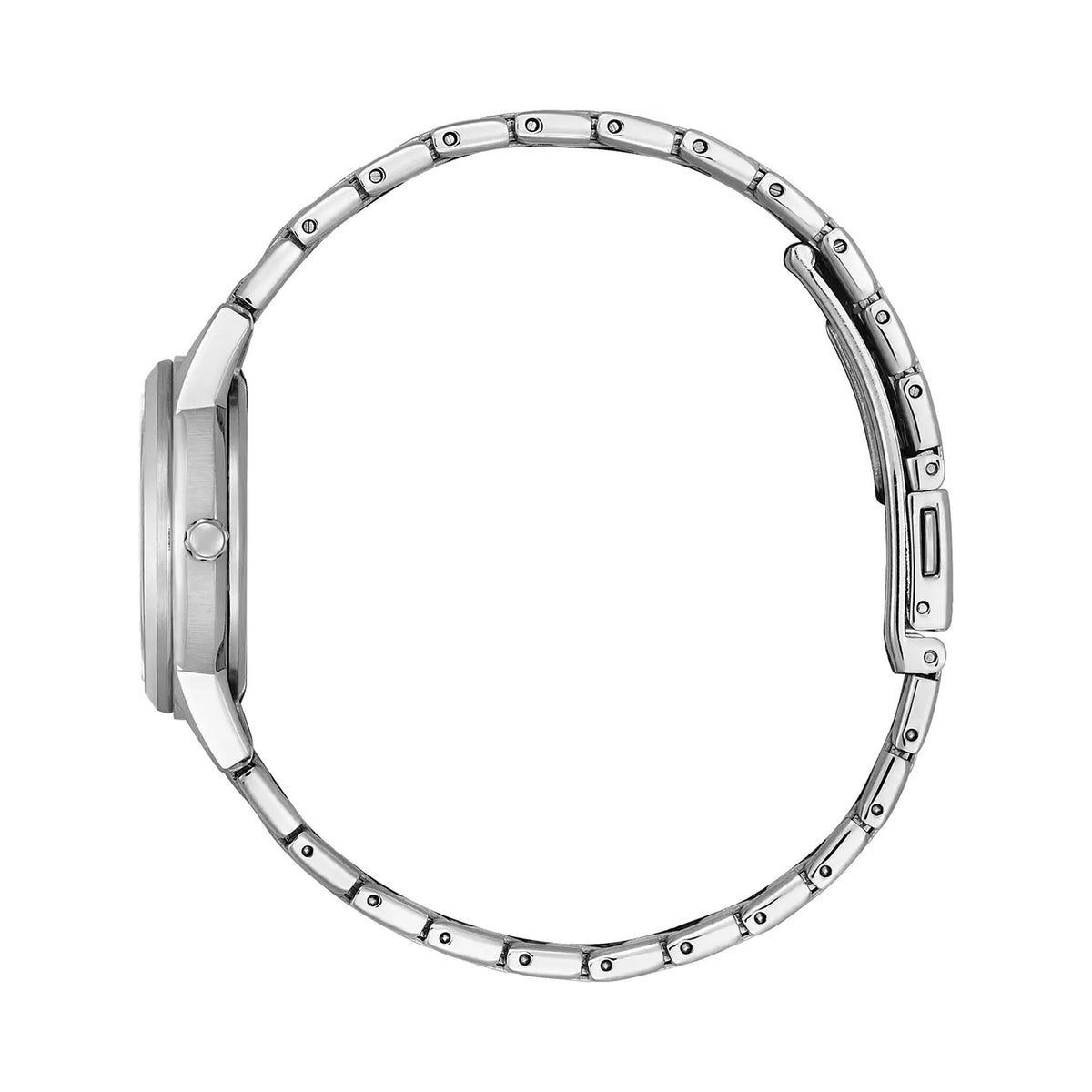 Side view of the Citizen Silhouette Crystal watch showing the stainless steel bracelet and watch face detail.