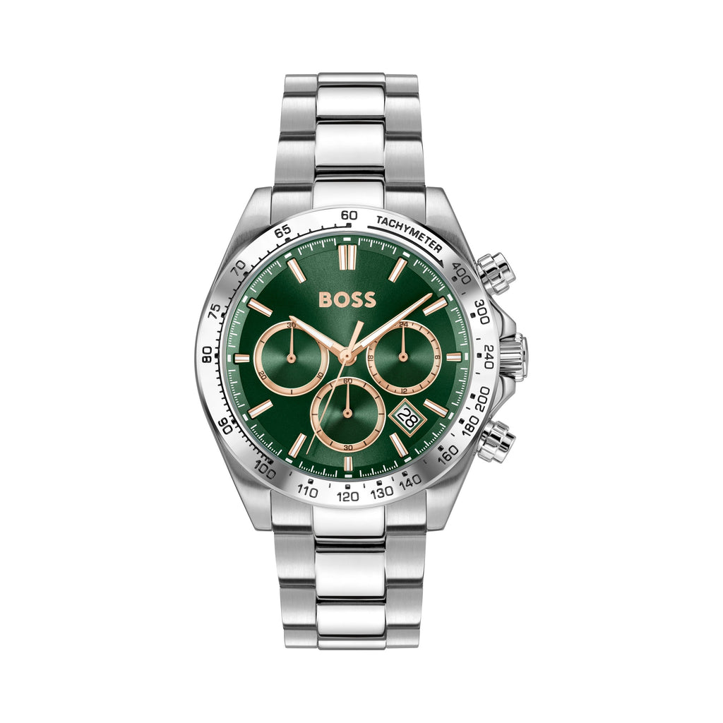 Silver Boss watch with a green face.