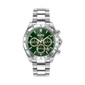 Silver Boss watch with a green face.