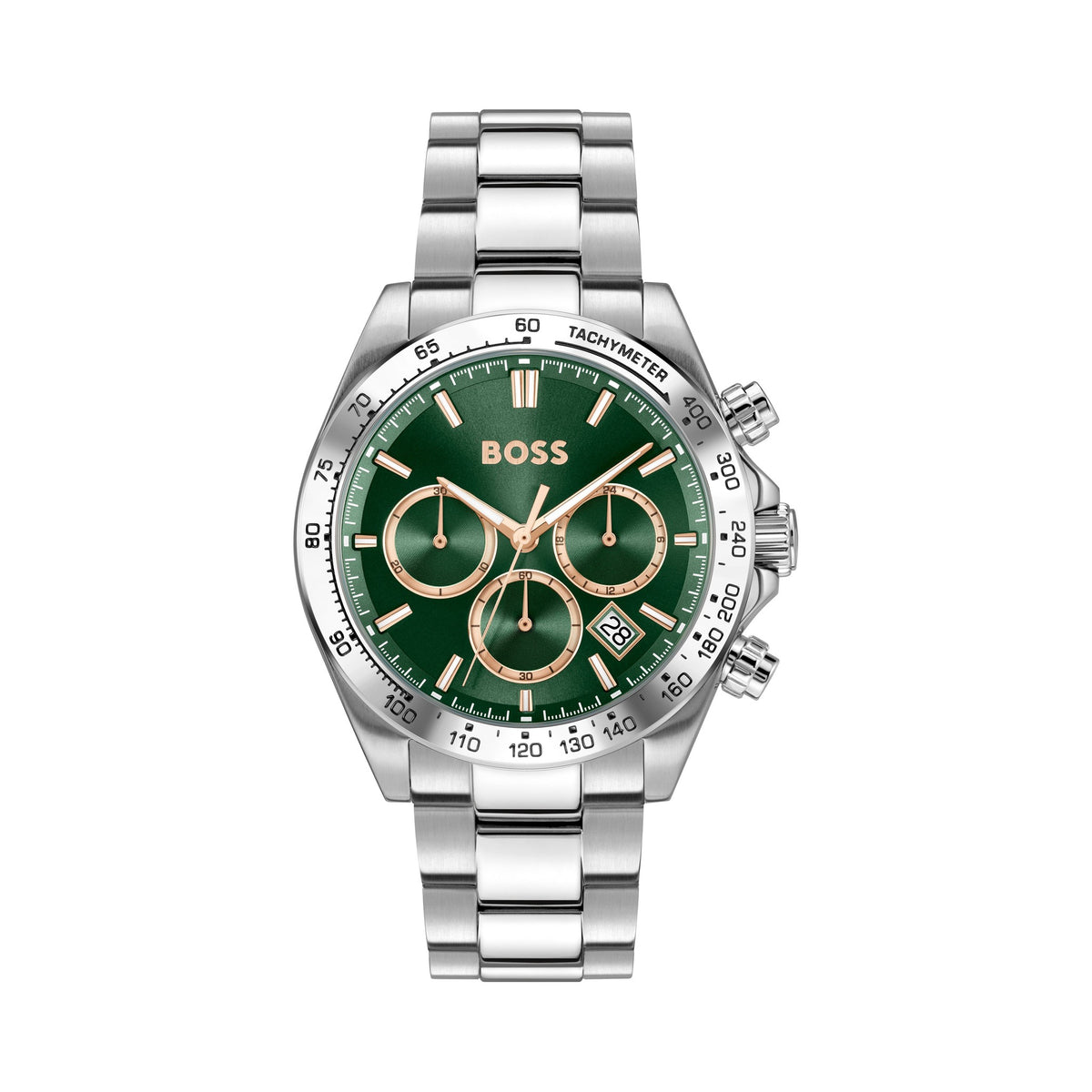 Silver Boss watch with a green face.
