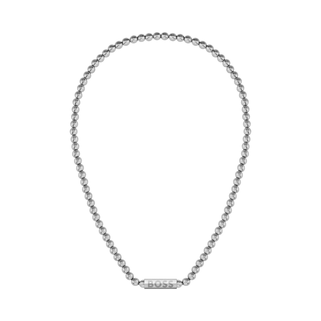 BOSS stainless steel necklace featuring sphere bead chain with engraved logo bar. A stylish mens jewelry accessory.