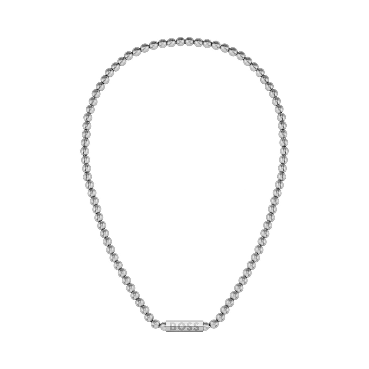 BOSS stainless steel necklace featuring sphere bead chain with engraved logo bar. A stylish mens jewelry accessory.