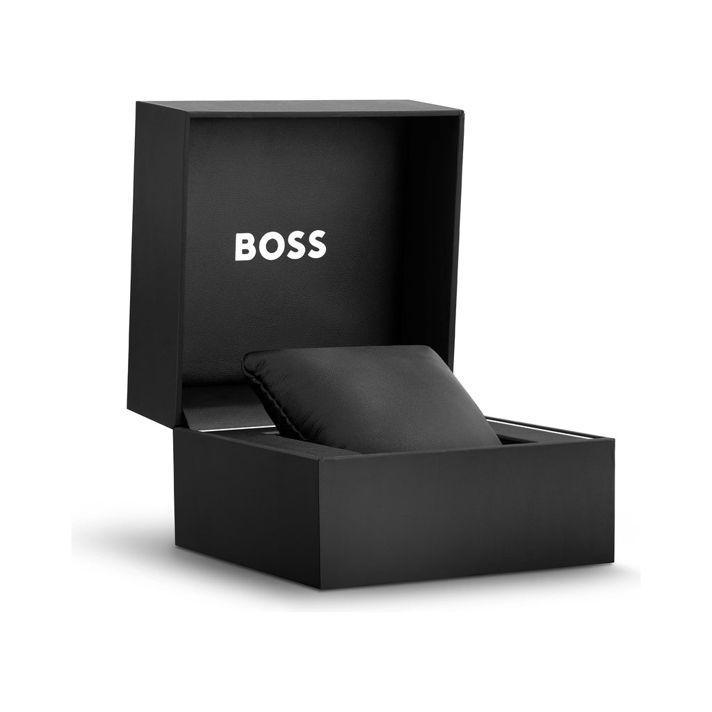 BOSS watch gift box, showcasing the elegant presentation for a ladies' Sage Green Dial Gold Plated Bracelet Watch.
