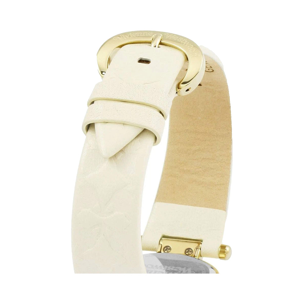 Close-up of the Vivienne Westwood Orb II watch band, showing the buckle and leather texture detail.