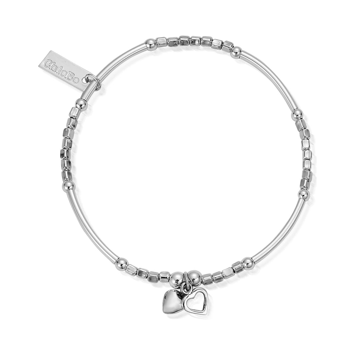 ChloBo silver bracelet with heart charms. Handmade sterling silver jewelry detail.