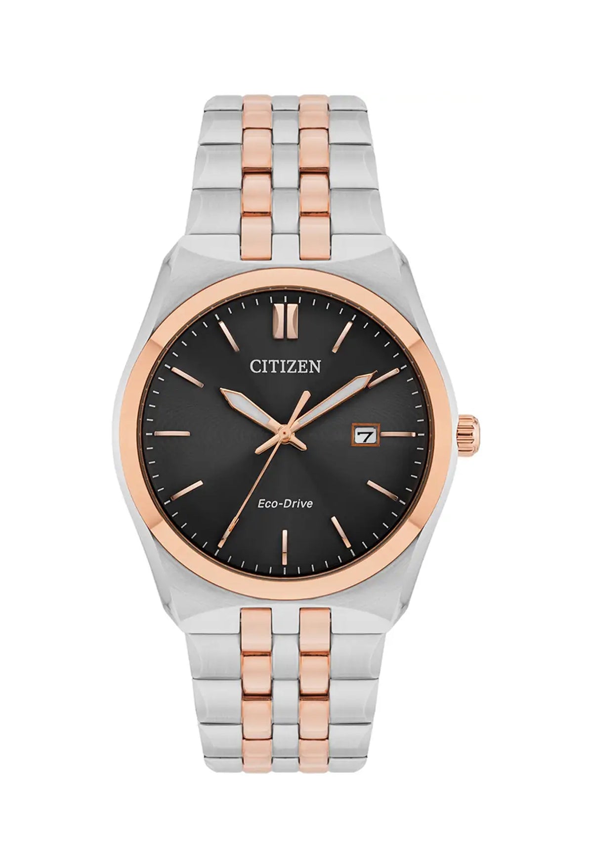 Close-up of the Citizen Eco-Drive watch showcasing its black dial, date display, and two-tone bracelet design.