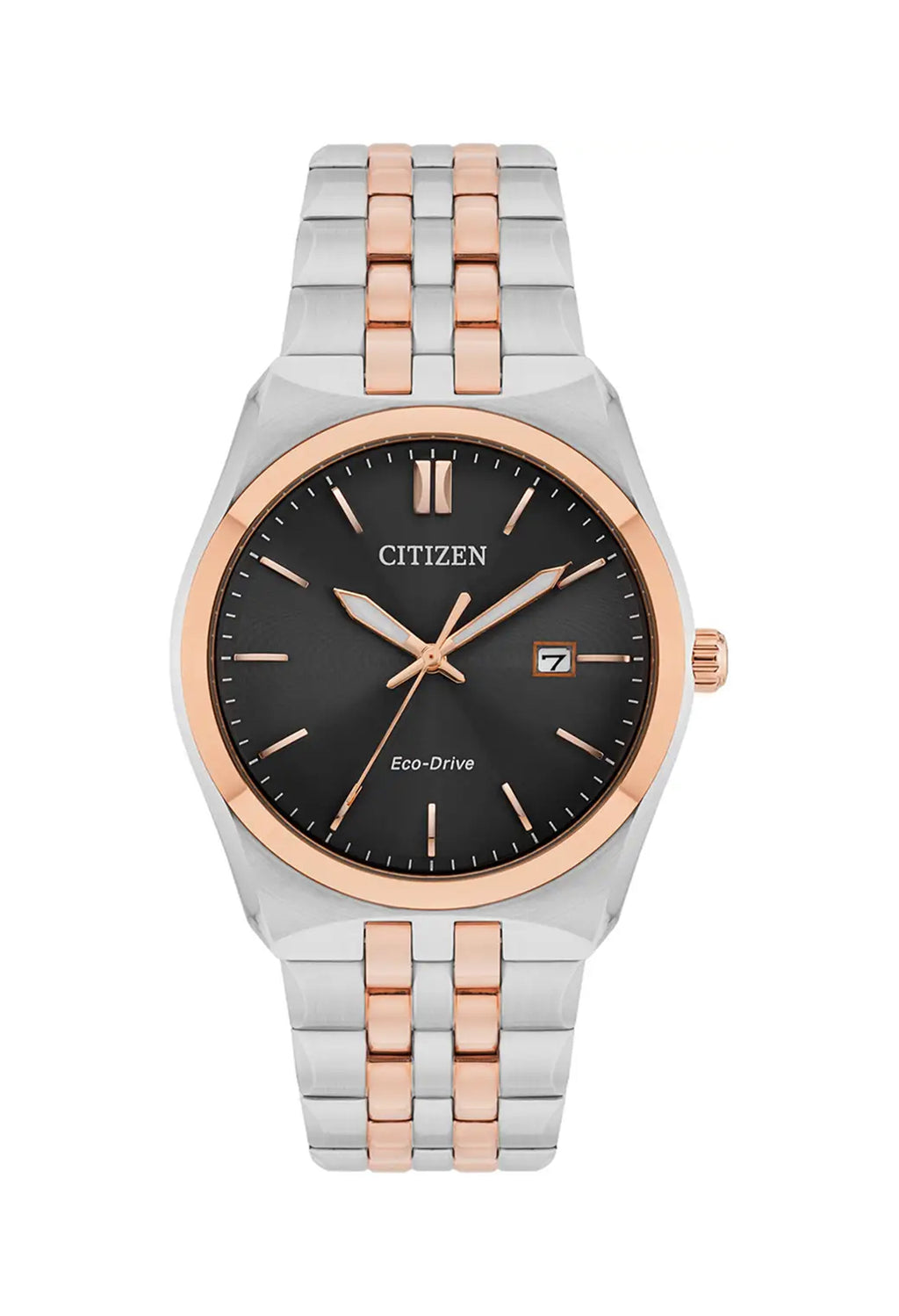 Close-up of the Citizen Eco-Drive watch showcasing its black dial, date display, and two-tone bracelet design.