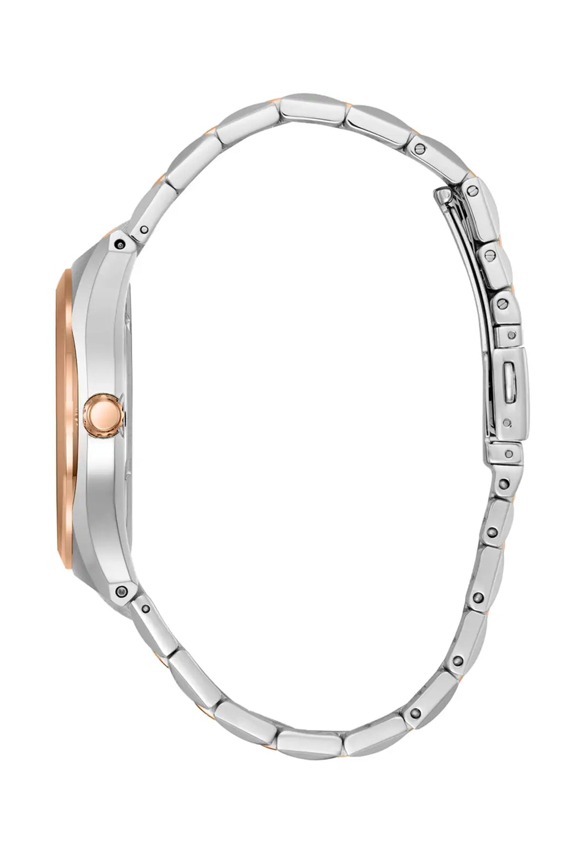 Side view of Citizen Eco Drive watch showcasing bracelet and case design details. Durable and stylish men's wrist wear.
