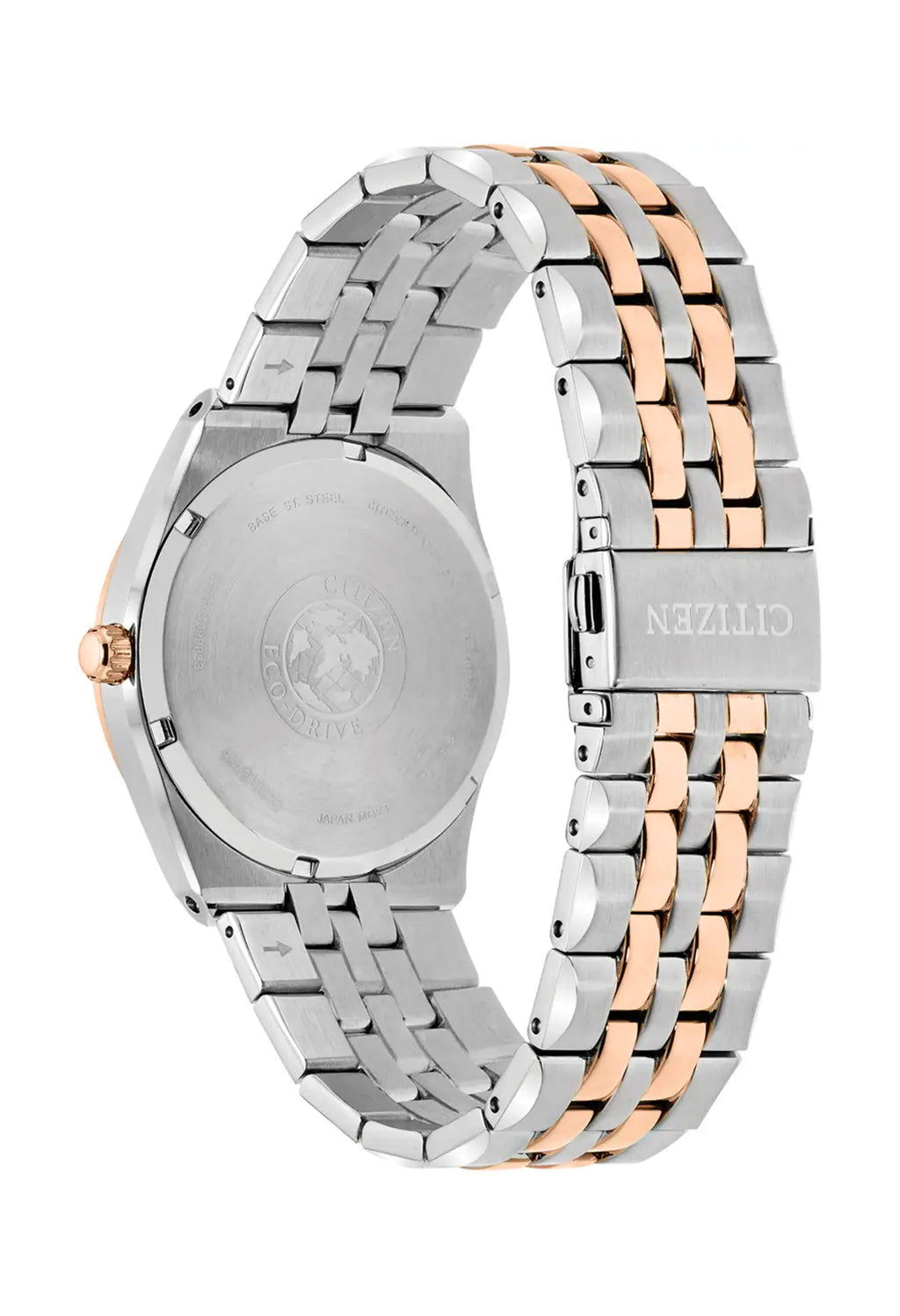 Back view of a Citizen Eco Drive watch showing stainless steel and rose gold band with the "CITIZEN" logo on clasp.