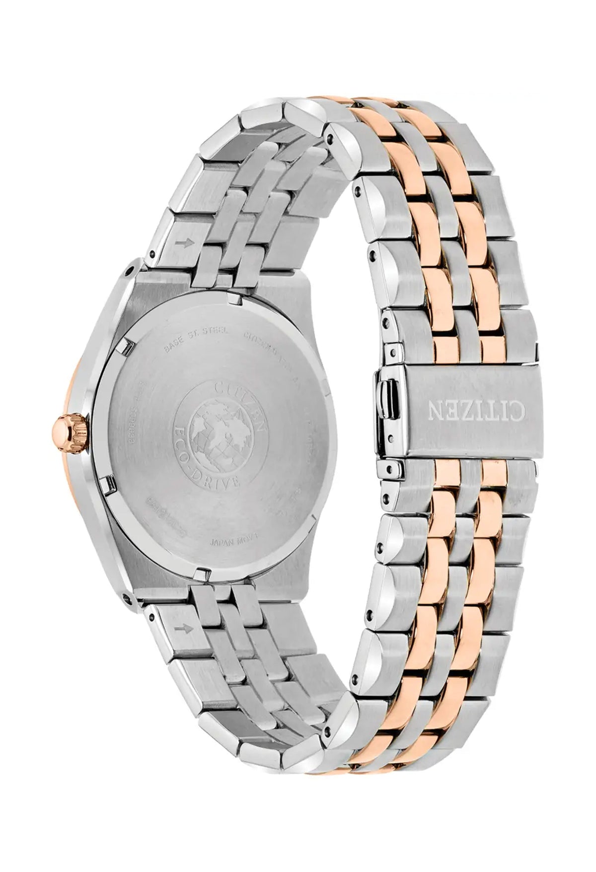 Back view of a Citizen Eco Drive watch showing stainless steel and rose gold band with the "CITIZEN" logo on clasp.