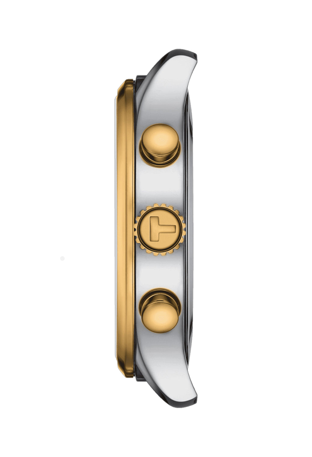 Side profile of a Tissot chronograph watch showcasing Swiss craftsmanship, gold-tone bezel, and push buttons.