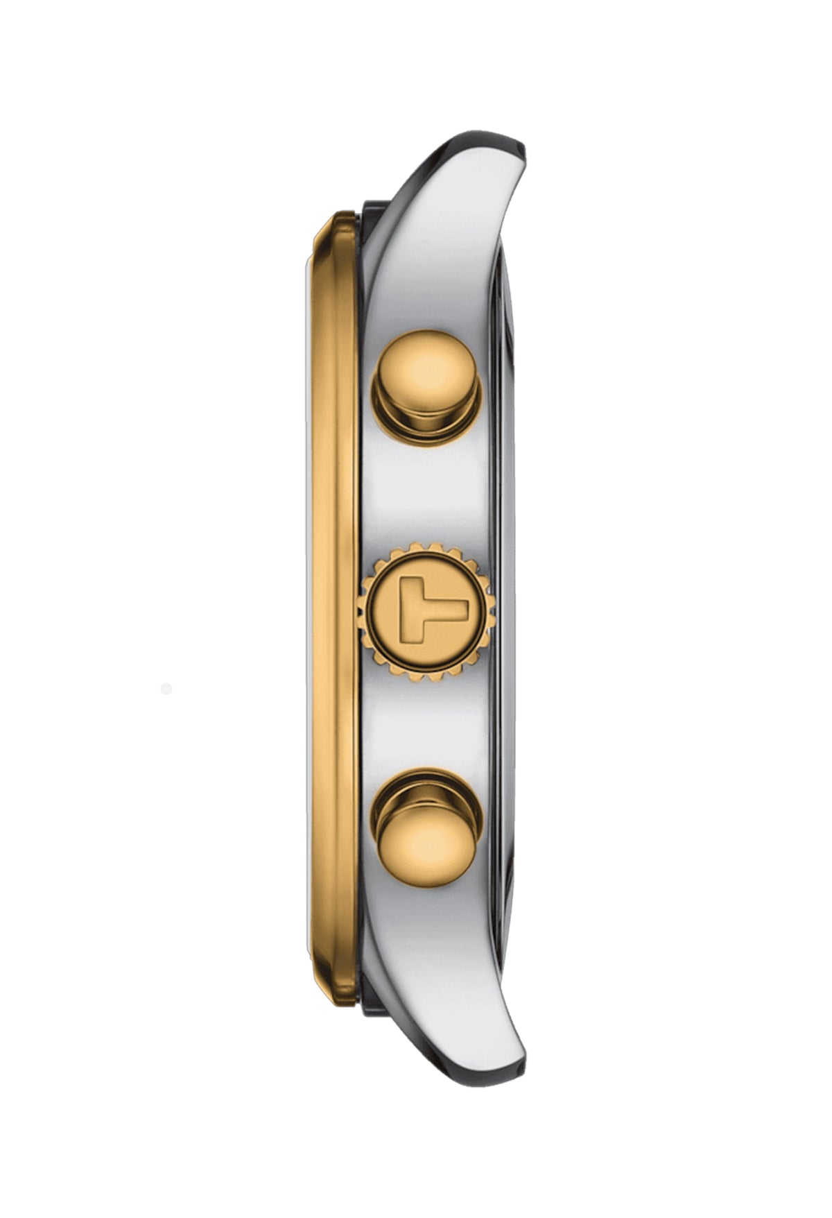 Side profile of a Tissot chronograph watch showcasing Swiss craftsmanship, gold-tone bezel, and push buttons.