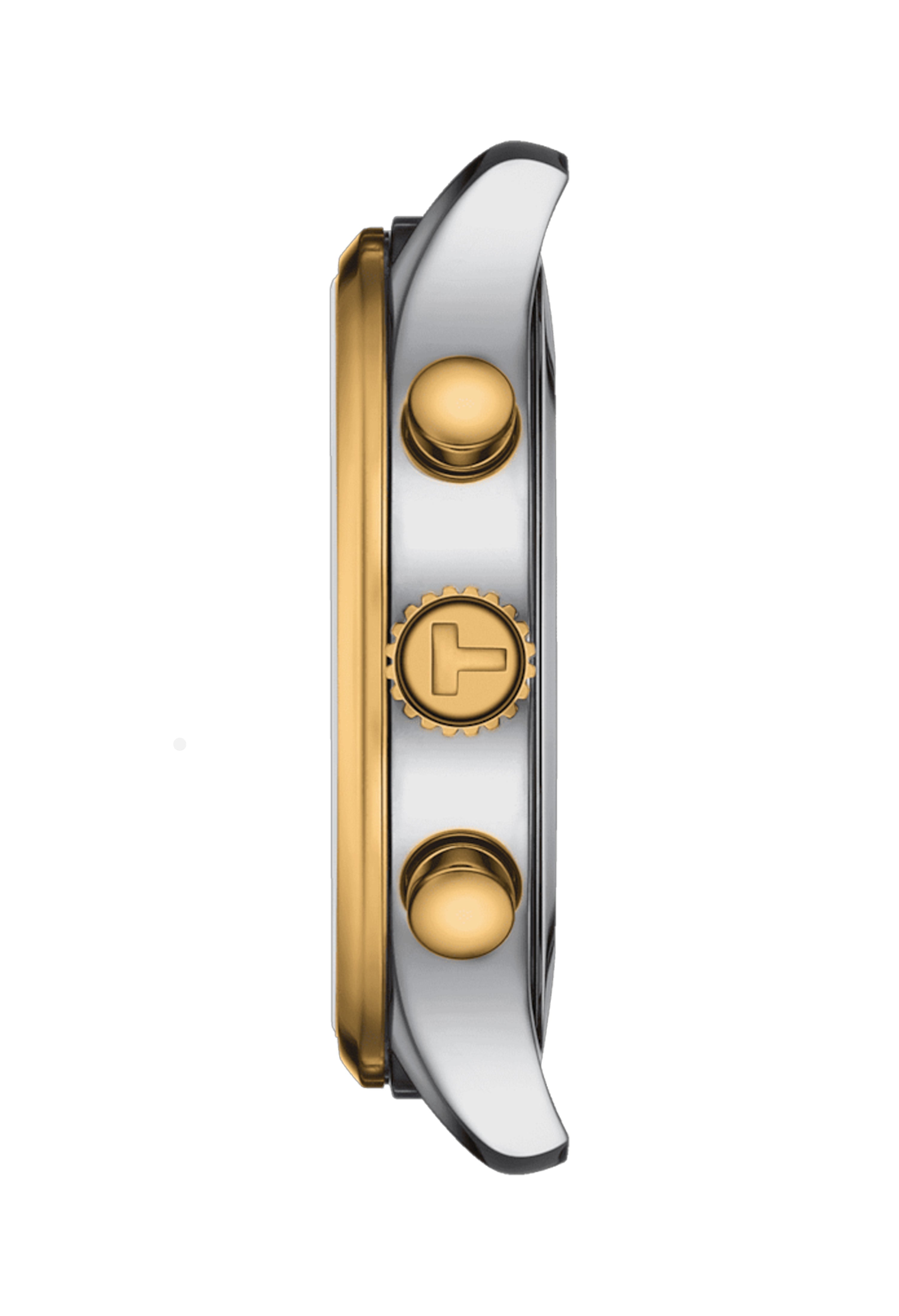 Side profile of a Tissot chronograph watch showcasing Swiss craftsmanship, gold-tone bezel, and push buttons.