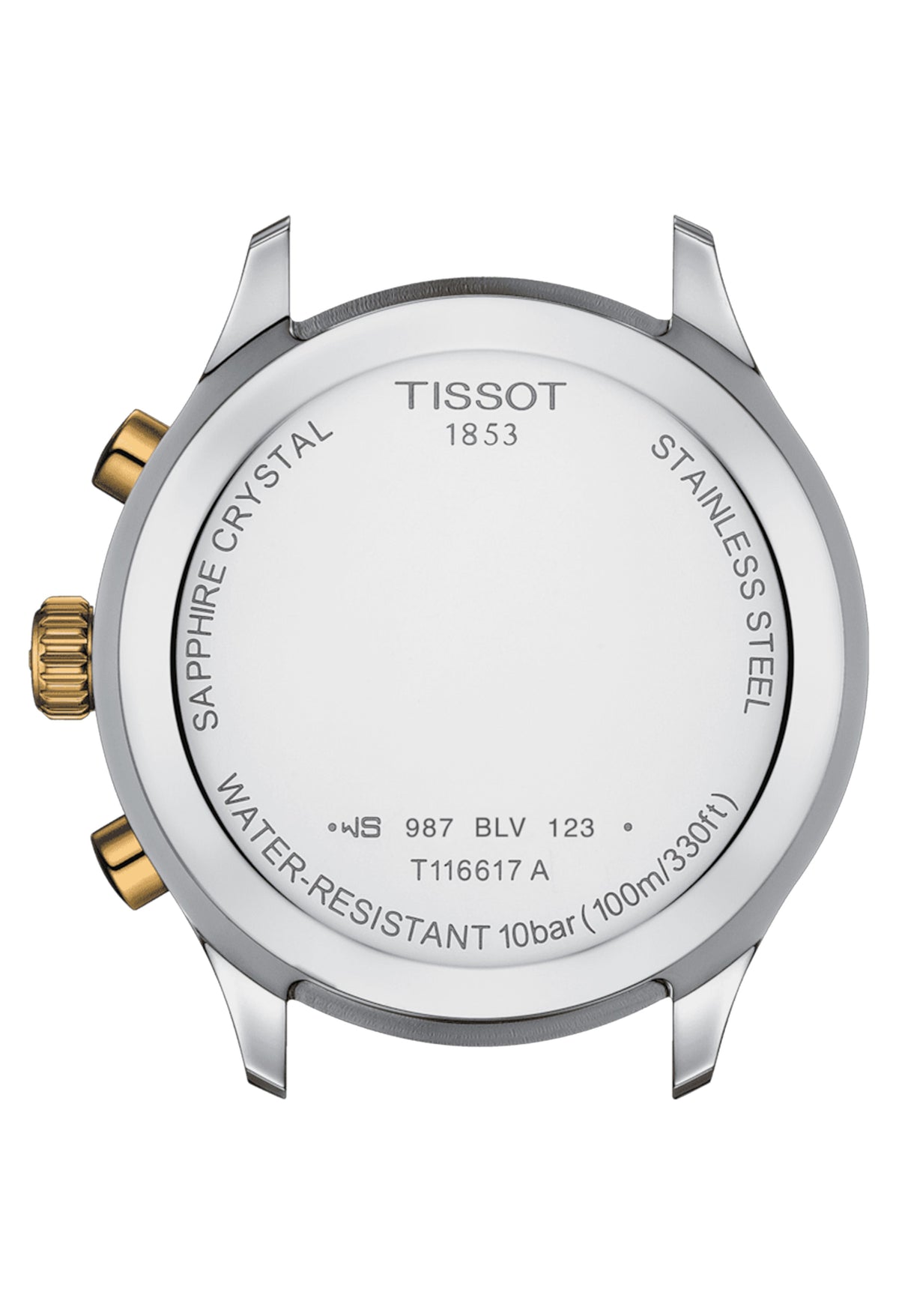 Tissot watch caseback showcasing the brand name, Swiss-made details, model number T116617A, and water resistance information.