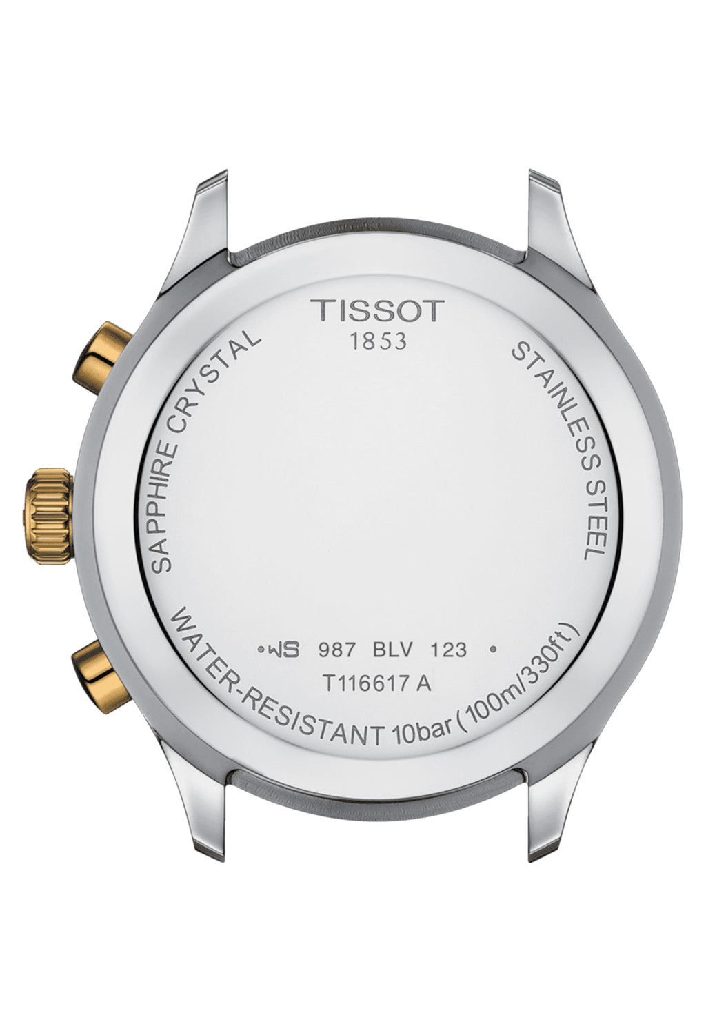 Tissot watch caseback showcasing the brand name, Swiss-made details, model number T116617A, and water resistance information.