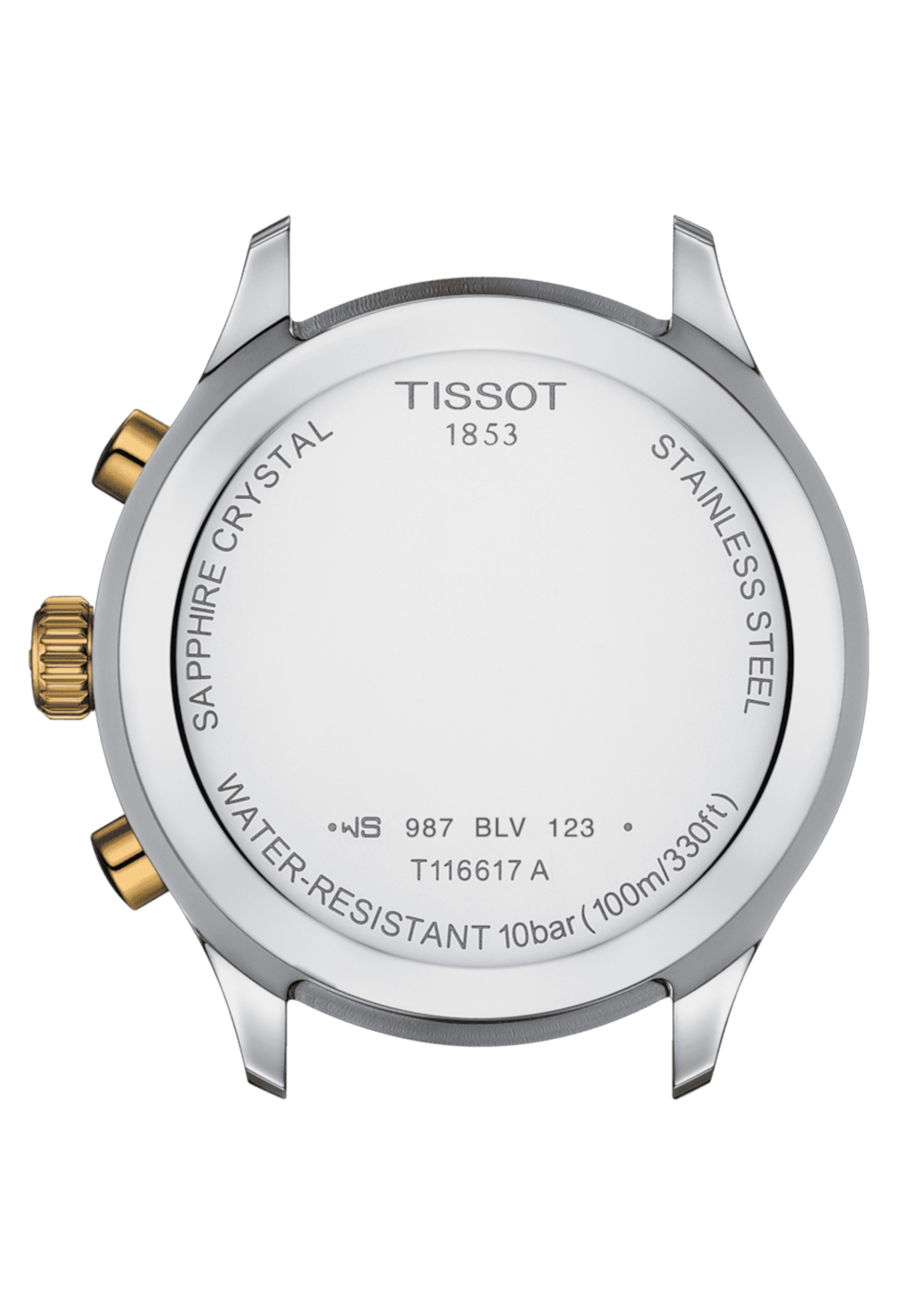 Tissot watch caseback showcasing the brand name, Swiss-made details, model number T116617A, and water resistance information.