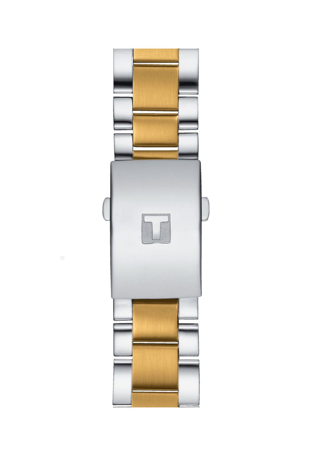 Tissot watch band closeup: Gold and silver stainless steel strap with Tissot logo clasp.