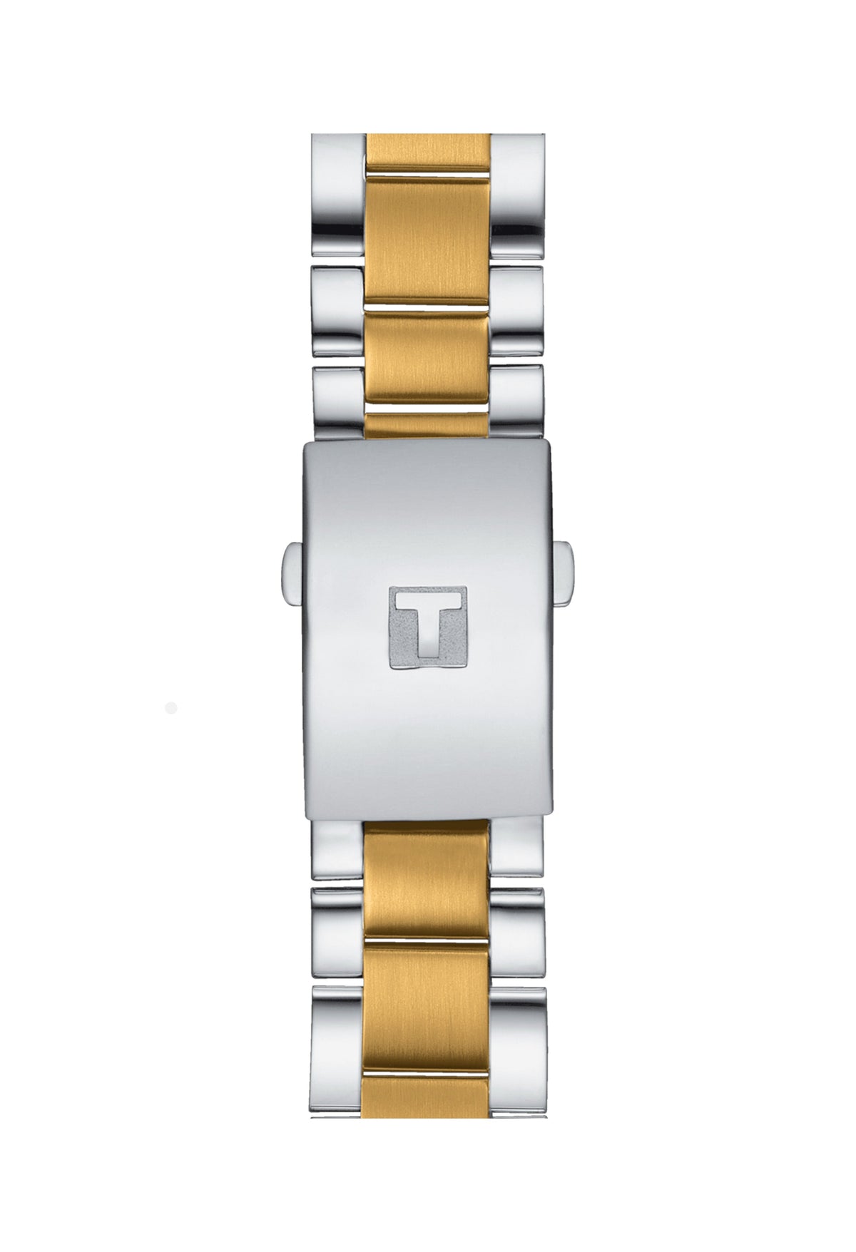 Tissot watch band closeup: Gold and silver stainless steel strap with Tissot logo clasp.