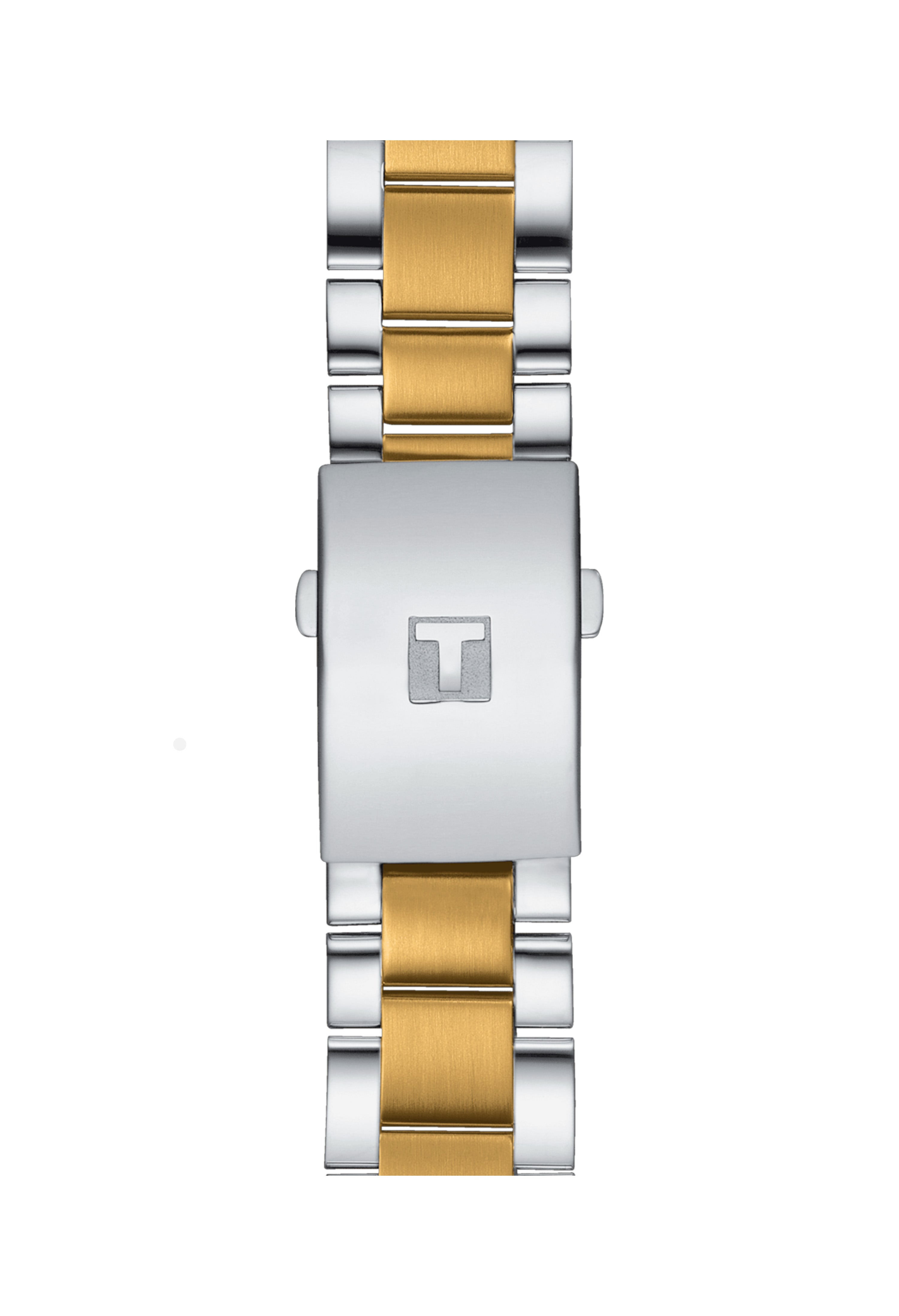 Tissot watch band closeup: Gold and silver stainless steel strap with Tissot logo clasp.
