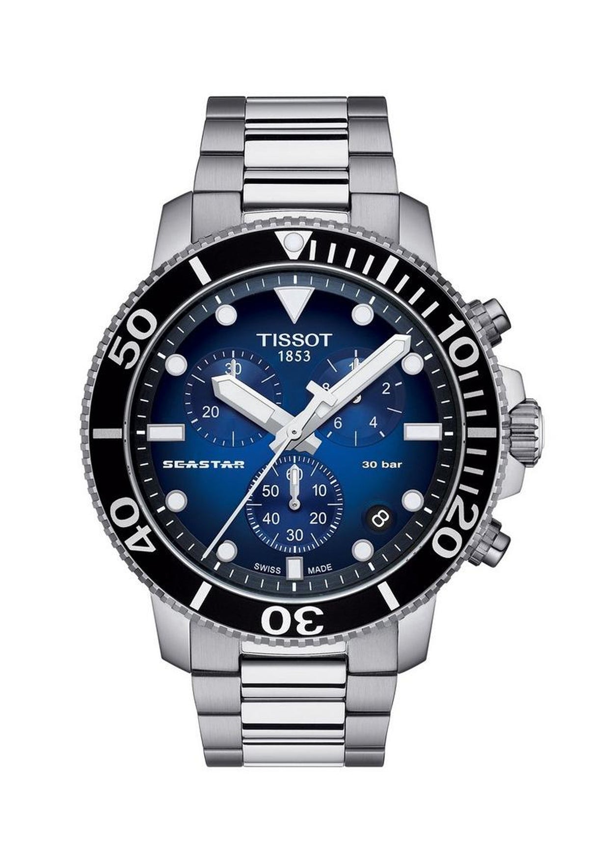 Close-up of the Tissot Seastar 1000 watch, a precise diver-style timepiece. Displays the blue dial, stainless steel band,